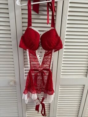 Victoria's Secret Red Lace Halter Chemise with White Trim